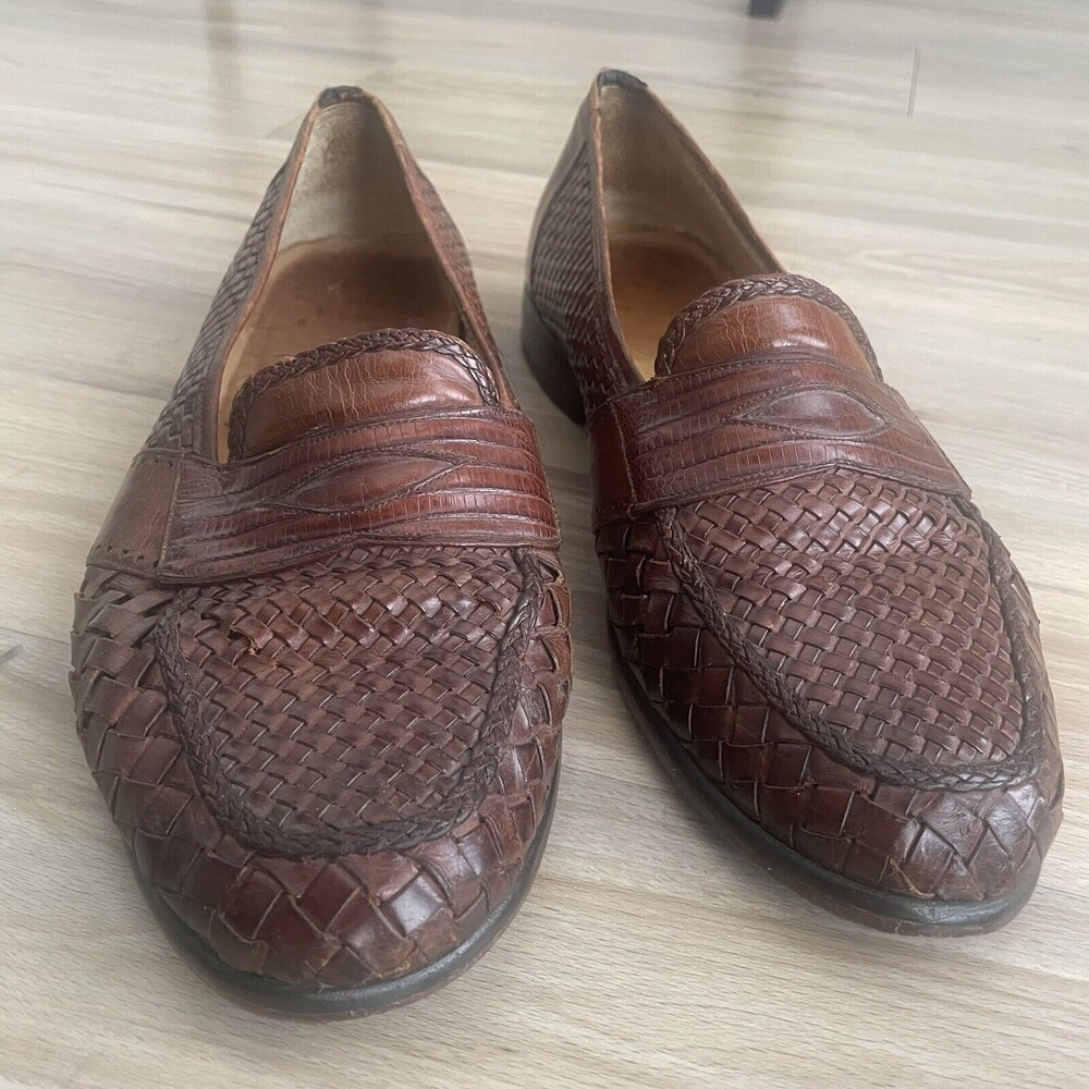 Peter Huber Mens 9 M Brown Weaved Loafers Made in Italy Woven Leather Slip On